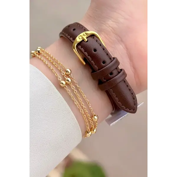 Kasası Gold Kordonu Kahverengi Renk 30,5 Mm Rakamlı Kadın Kol Saati ve Hediye Bileklik