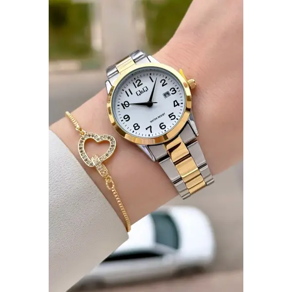 Gold Gümüş Renk 30 Mm Rakamlı Kadın Kol Saati ve Hediye Bileklik