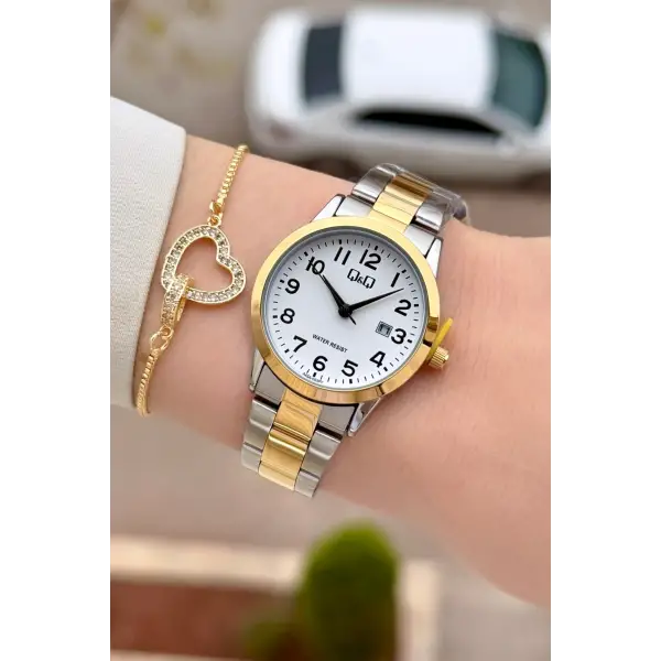 Gold Gümüş Renk 30 Mm Rakamlı Kadın Kol Saati ve Hediye Bileklik