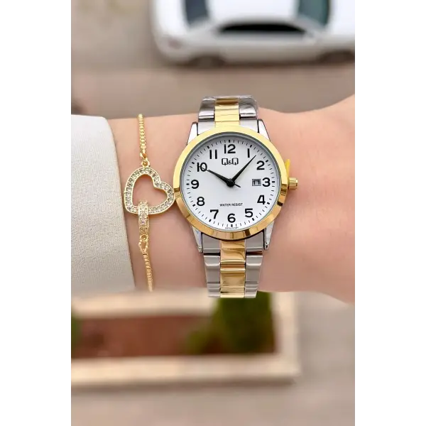 Gold Gümüş Renk 30 Mm Rakamlı Kadın Kol Saati ve Hediye Bileklik