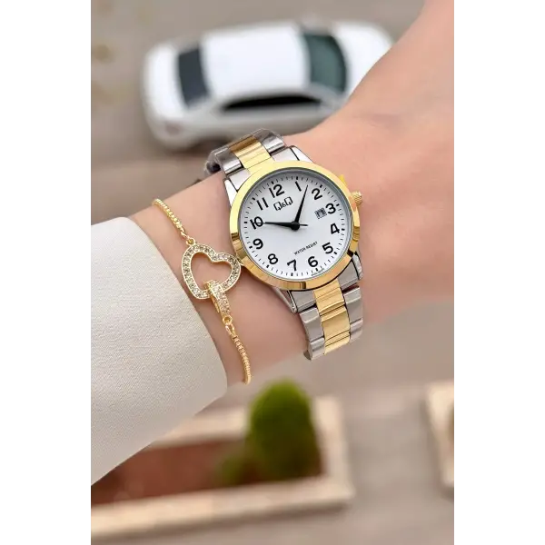 Gold Gümüş Renk 30 Mm Rakamlı Kadın Kol Saati ve Hediye Bileklik