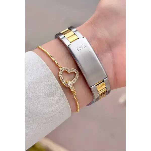 Gold Gümüş Renk 30 Mm Rakamlı Kadın Kol Saati ve Hediye Bileklik