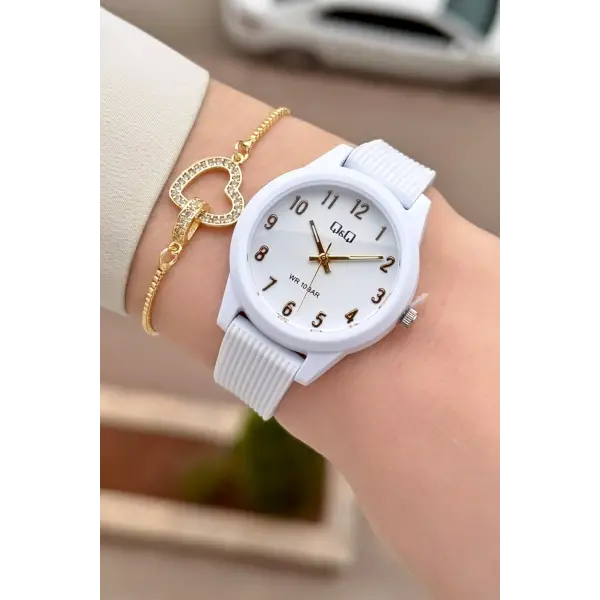 Beyaz Renk Su Geçirmez 32 Mm Rakamlı Kadın Kol Saati ve Hediye Bileklik