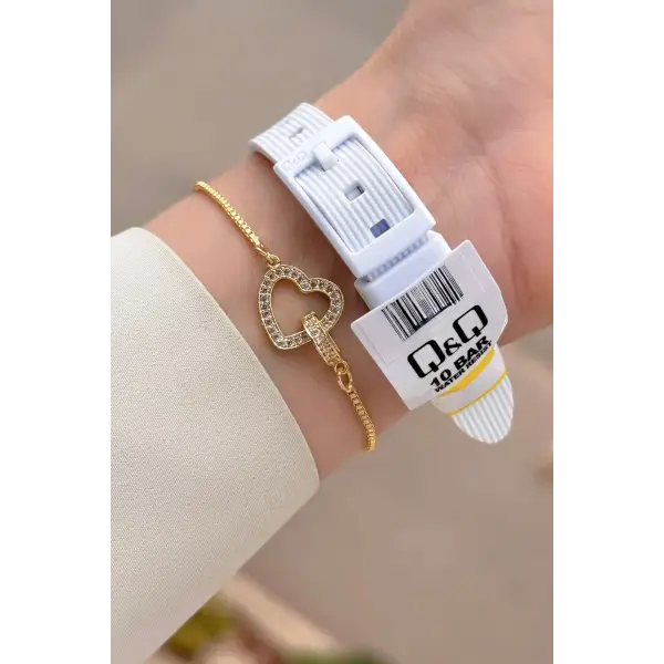 Beyaz Renk Su Geçirmez 32 Mm Rakamlı Kadın Kol Saati ve Hediye Bileklik