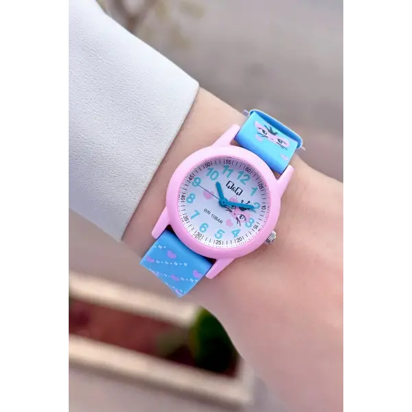 Pembe Açık Mavi Renk 30 Mm Kedi Figürlü Su Geçirmez Rakamlı Çoçuk Kol Saati