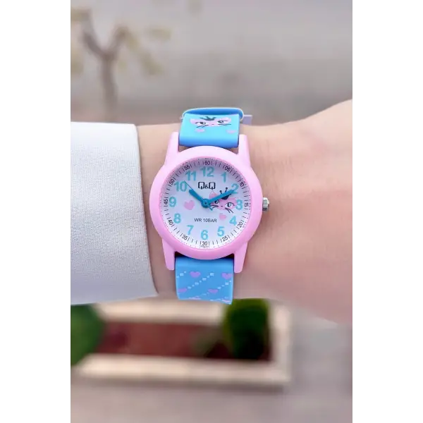 Pembe Açık Mavi Renk 30 Mm Kedi Figürlü Su Geçirmez Rakamlı Çoçuk Kol Saati