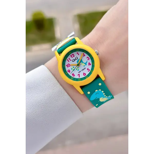 Sarı Yeşil Renk 32 Mm Dinazor Figürlü Su Geçirmez Rakamlı Çoçuk Kol Saati