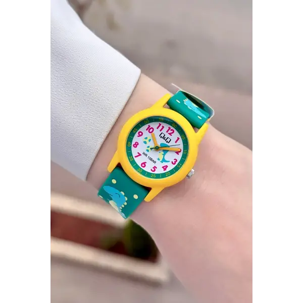 Sarı Yeşil Renk 32 Mm Dinazor Figürlü Su Geçirmez Rakamlı Çoçuk Kol Saati