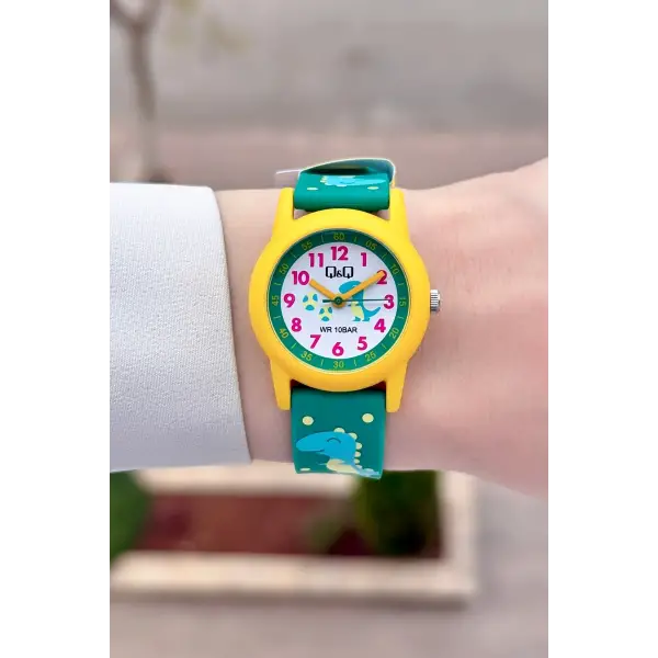 Sarı Yeşil Renk 32 Mm Dinazor Figürlü Su Geçirmez Rakamlı Çoçuk Kol Saati
