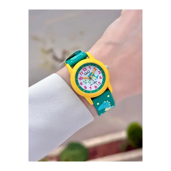 Sarı Yeşil Renk 32 Mm Dinazor Figürlü Su Geçirmez Rakamlı Çoçuk Kol Saati