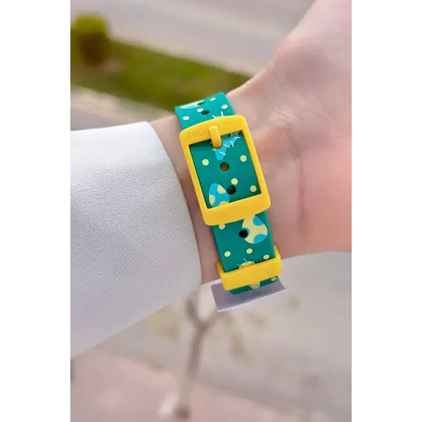 Sarı Yeşil Renk 32 Mm Dinazor Figürlü Su Geçirmez Rakamlı Çoçuk Kol Saati