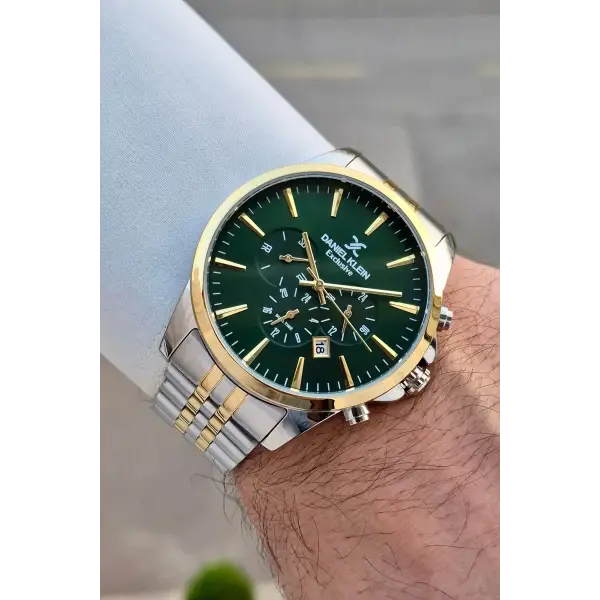 Kadranı Yeşil Kordonu Gold Gümüş Renk Göstergeleri Aktif Fonksiyonlu Hediye Paketli Erkek Kol Saati