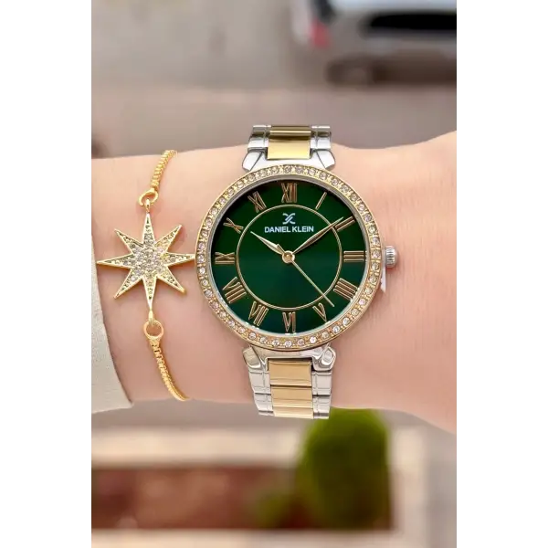 Kadranı Yeşil Kordonu Gold Gümüş Renk 35 mm Kadın Kol Saati ve Hediye Bileklik