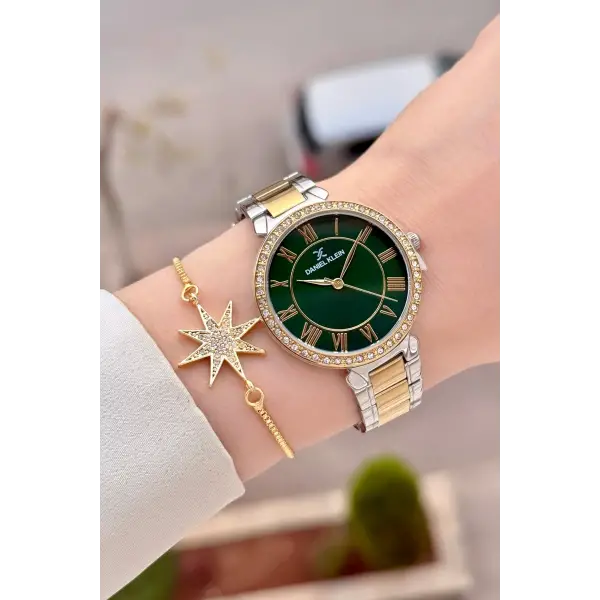 Kadranı Yeşil Kordonu Gold Gümüş Renk 35 mm Kadın Kol Saati ve Hediye Bileklik