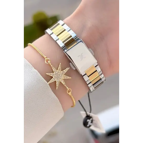 Kadranı Yeşil Kordonu Gold Gümüş Renk 35 mm Kadın Kol Saati ve Hediye Bileklik