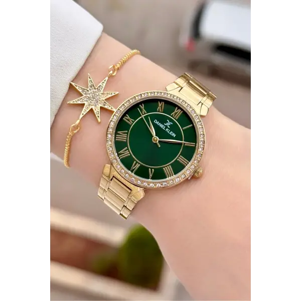 Kadranı Yeşil Kordonu Gold Renk 35 mm Kadın Kol Saati ve Hediye Bileklik