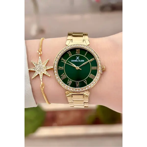 Kadranı Yeşil Kordonu Gold Renk 35 mm Kadın Kol Saati ve Hediye Bileklik