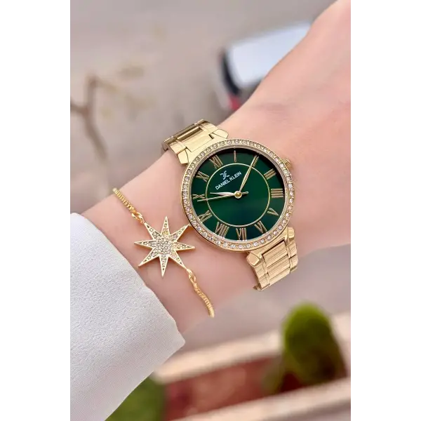 Kadranı Yeşil Kordonu Gold Renk 35 mm Kadın Kol Saati ve Hediye Bileklik