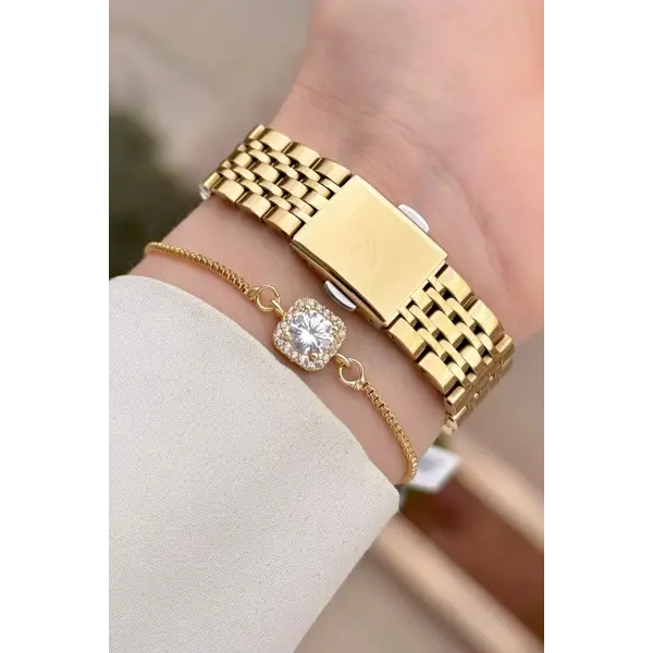 Gold Renk Kadın Kol Saati ve Hediye Bileklik