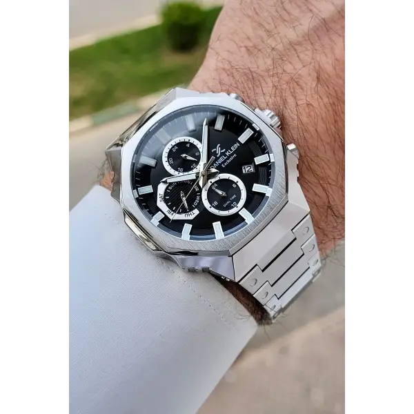 Kadranı Siyah Kordonu Gümüş Renk Hediye Paketli 45 mm Erkek Kol Saati