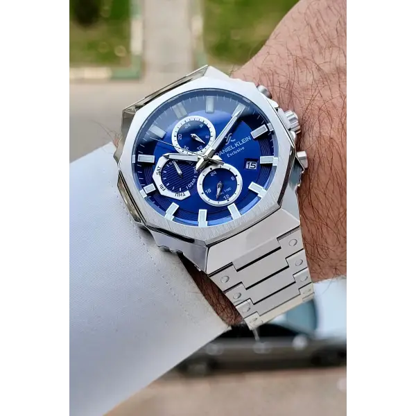 Kadranı Lacivert Kordonu Gümüş Renk Hediye Paketli 45 mm Erkek Kol Saati