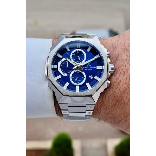 Kadranı Lacivert Kordonu Gümüş Renk Hediye Paketli 45 mm Erkek Kol Saati