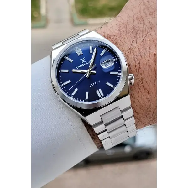 Kadranı Lacivert Kordonu Gümüş Renk 40 mm Kristal Cam Çelik Metaryel Erkek Kol Saati