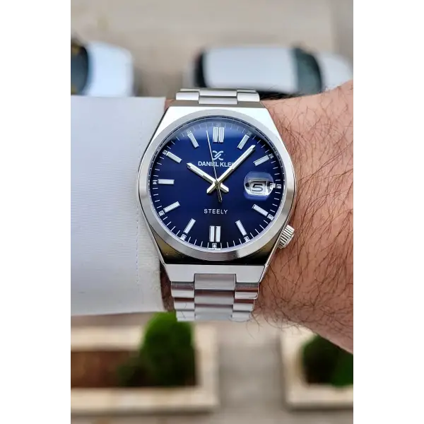 Kadranı Lacivert Kordonu Gümüş Renk 40 mm Kristal Cam Çelik Metaryel Erkek Kol Saati