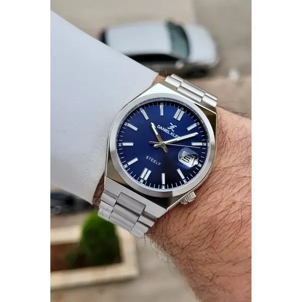 Kadranı Lacivert Kordonu Gümüş Renk 40 mm Kristal Cam Çelik Metaryel Erkek Kol Saati