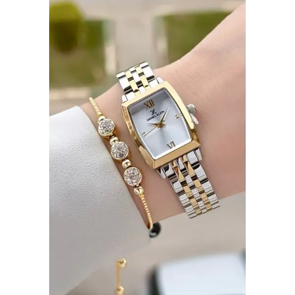 Gold Gümüş Renk 26 mm Kadın Kol Saati ve Hediye Bileklik