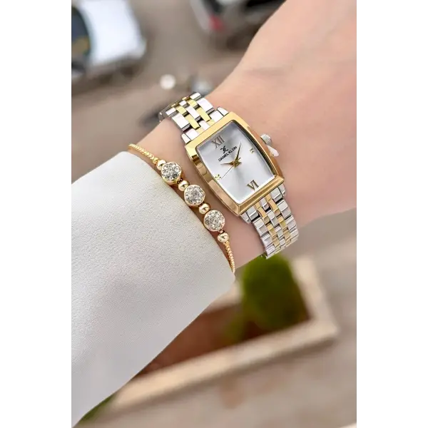 Gold Gümüş Renk 26 mm Kadın Kol Saati ve Hediye Bileklik