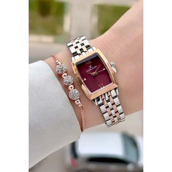 Kadranı Bordo Kordonu Rose Gümüş Renk 26 mm Kadın Kol Saati ve Hediye Bileklik