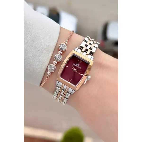 Kadranı Bordo Kordonu Rose Gümüş Renk 26 mm Kadın Kol Saati ve Hediye Bileklik