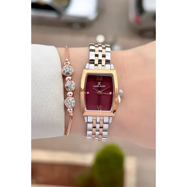 Kadranı Bordo Kordonu Rose Gümüş Renk 26 mm Kadın Kol Saati ve Hediye Bileklik