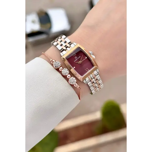 Kadranı Bordo Kordonu Rose Gümüş Renk 26 mm Kadın Kol Saati ve Hediye Bileklik