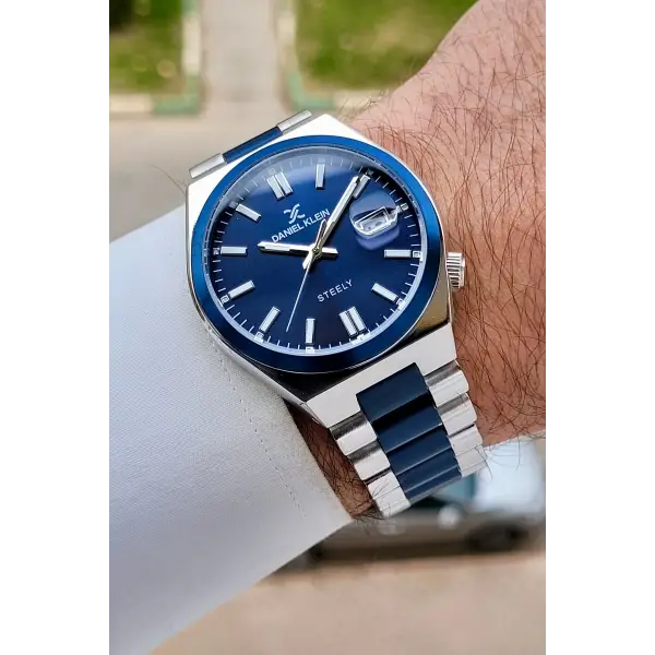 Lacivert Gümüş Renk 40 mm Kristal Cam Çelik Metaryel Erkek Kol Saati