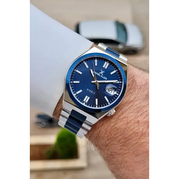 Lacivert Gümüş Renk 40 mm Kristal Cam Çelik Metaryel Erkek Kol Saati