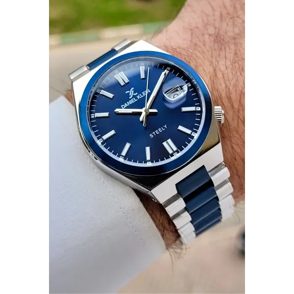 Lacivert Gümüş Renk 40 mm Kristal Cam Çelik Metaryel Erkek Kol Saati