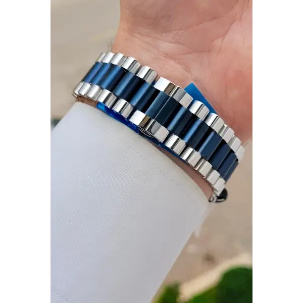 Lacivert Gümüş Renk 40 mm Kristal Cam Çelik Metaryel Erkek Kol Saati