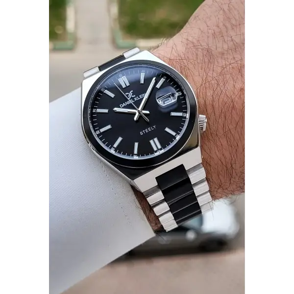 Siyah Gümüş Renk 40 mm Kristal Cam Çelik Metaryel Erkek Kol Saati