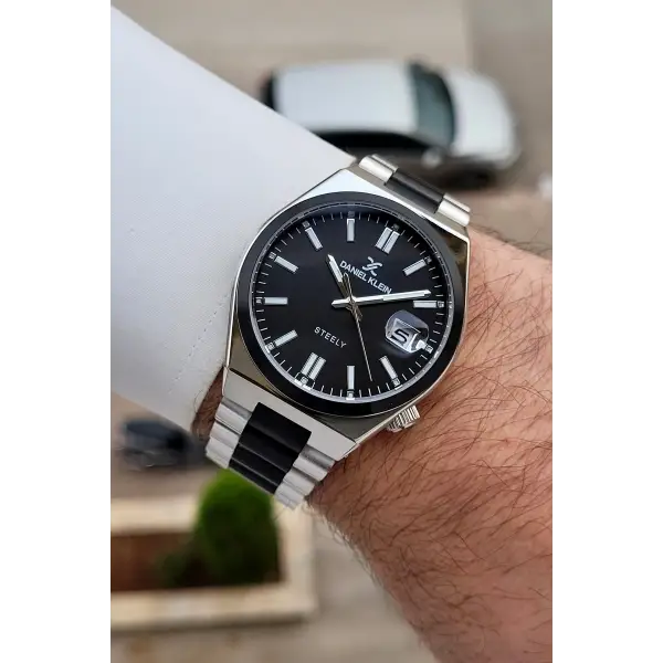 Siyah Gümüş Renk 40 mm Kristal Cam Çelik Metaryel Erkek Kol Saati