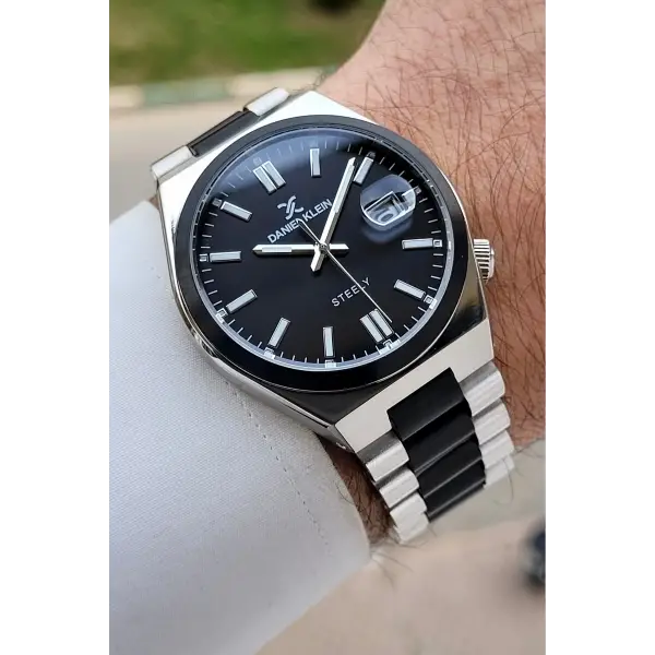 Siyah Gümüş Renk 40 mm Kristal Cam Çelik Metaryel Erkek Kol Saati