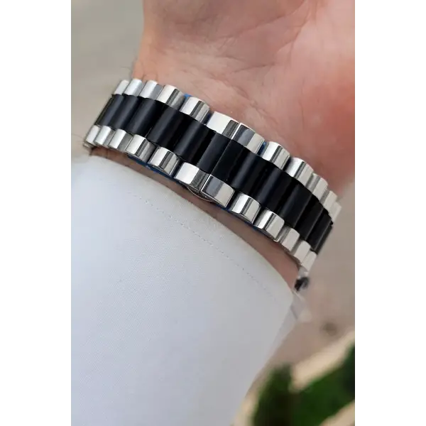 Siyah Gümüş Renk 40 mm Kristal Cam Çelik Metaryel Erkek Kol Saati