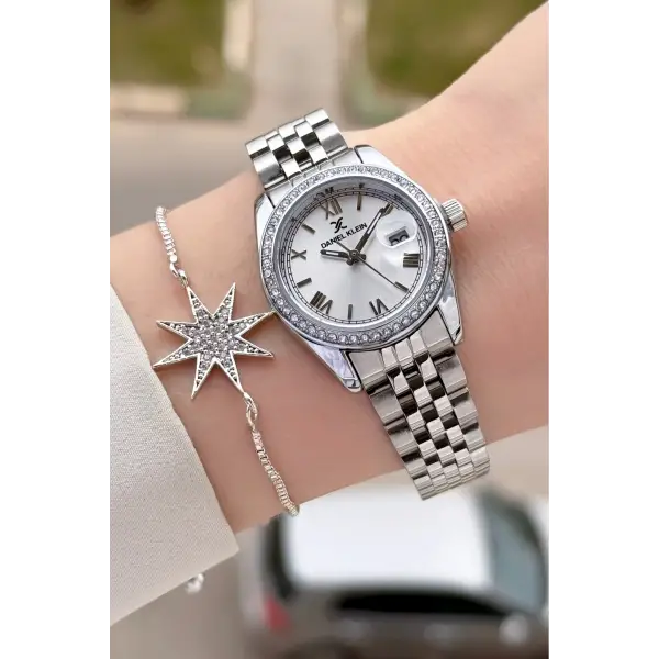 Gümüş Renk 28 mm Kristal Cam Kadın Kol Saati ve Bileklik