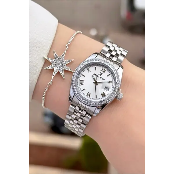 Gümüş Renk 28 mm Kristal Cam Kadın Kol Saati ve Bileklik