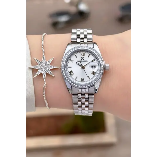 Gümüş Renk 28 mm Kristal Cam Kadın Kol Saati ve Bileklik