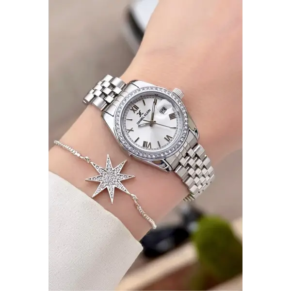 Gümüş Renk 28 mm Kristal Cam Kadın Kol Saati ve Bileklik