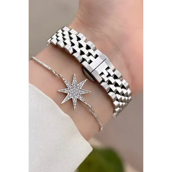 Gümüş Renk 28 mm Kristal Cam Kadın Kol Saati ve Bileklik