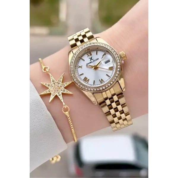 Gold Renk 28 mm Kristal Cam Kadın Kol Saati ve Bileklik