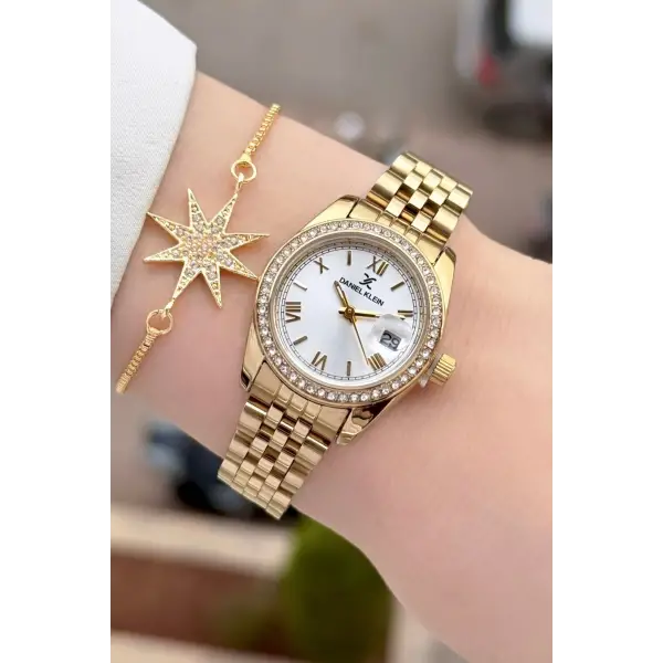 Gold Renk 28 mm Kristal Cam Kadın Kol Saati ve Bileklik